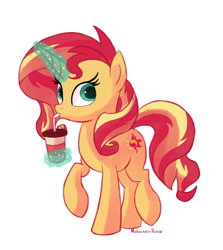 Size: 1164x1306 | Tagged: safe, artist:molochko-persik, sunset shimmer, pony, unicorn, food, magic, raised hoof, simple background, soda, solo, telekinesis