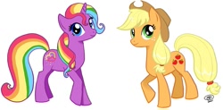 Size: 951x466 | Tagged: safe, artist:odduckoasis, applejack, earth pony, pony, g1, baby rainribbon, g1 to g4, generation leap, rainribbon