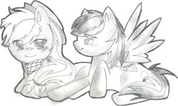 Size: 900x538 | Tagged: safe, artist:zuckey, derpibooru import, applejack, rainbow dash, earth pony, pegasus, pony, appledash, bandana, female, grayscale, lesbian, monochrome, shipping