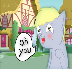 Size: 489x469 | Tagged: safe, artist:extradan, derpy hooves, oc, oc:jerky hooves, pegasus, pony, blushing, female, mare, oh you, solo, speech bubble