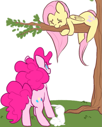 Size: 595x737 | Tagged: safe, artist:mt, angel bunny, fluttershy, pinkie pie, earth pony, pegasus, pony, scared, tree