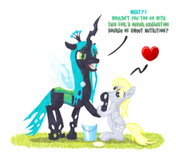 Size: 2860x2550 | Tagged: safe, artist:malte279, derpy hooves, queen chrysalis, changeling, changeling queen, pegasus, pony, bubble, bucket, comic, cute, cutealis, derpabetes, dialogue, duo, duo female, female, heart, marker, marker drawing, markers, simple background, soap, soap bubble, traditional art, transparent background