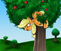 Size: 1400x1192 | Tagged: safe, artist:myhysteria, applejack, earth pony, pony, apple, apple tree, derp, female, frown, grass, hatless, looking at you, mare, missing accessory, open mouth, ponified animal photo, silly, silly pony, solo, stuck, tree, who's a silly pony, wide eyes