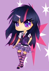 Size: 870x1269 | Tagged: safe, artist:pipskitts204, derpibooru import, twilight sparkle, chibi, clothes, horned humanization, humanized, messy mane, school uniform, skirt, solo