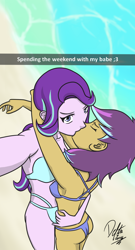 Size: 700x1300 | Tagged: safe, artist:deltalima, starlight glimmer, oc, equestria girls, beach, bikini, canon x oc, clothes, female, kissing, lesbian, looking at you, selfie, snapchat, swimsuit