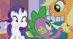 Size: 1591x867 | Tagged: safe, screencap, applejack, rarity, spike, dragon, earth pony, pony, unicorn, spike at your service, chubby cheeks, female, male, mare, puffy cheeks, youtube caption