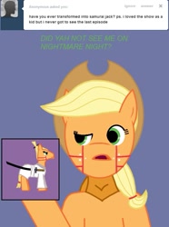 Size: 631x849 | Tagged: safe, applejack, earth pony, pony, ask, blue background, cyborg009, dialogue, open mouth, samurai applejack, samurai jack, simple background, solo, sword, tumblr, weapon