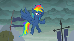 Size: 1920x1080 | Tagged: safe, derpibooru import, screencap, evil pie hater dash, rainbow dash, pegasus, pony, secrets and pies, cloud, dark clouds, female, flag, flying, mare, solo