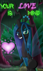 Size: 1500x2450 | Tagged: safe, artist:lifesharbinger, queen chrysalis, changeling, changeling queen, changelings in the comments, female, heart, magic, mortal kombat, shang tsung, smiling, smirk, solo, text, underhoof