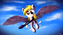 Size: 5992x3370 | Tagged: safe, artist:mrpudding701, derpy hooves, pegasus, pony, absurd resolution, bag, female, flying, letter, looking at you, mail, mailbag, mailmare, mailpony, mare, sky, solo