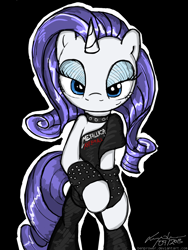 Size: 900x1200 | Tagged: safe, artist:flutterthrash, rarity, pony, unicorn, bipedal, bracelet, heavy metal, lidded eyes, looking at you, metallica, solo, spiked wristband