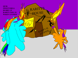 Size: 1501x1125 | Tagged: safe, artist:jacobfoolson, derpibooru import, rainbow dash, scootaloo, pegasus, pony, 1000 hours in ms paint, arson, fire, graffiti, vandalism