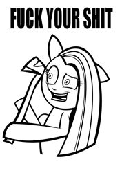 Size: 745x1053 | Tagged: safe, artist:thisisdashie, pinkie pie, earth pony, pony, american psycho, axe, black and white, caption, female, fuck, grayscale, lineart, mare, meme, monochrome, parody, pinkamena diane pie, reaction image, simple background, solo, vulgar, white background