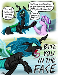 Size: 720x937 | Tagged: safe, artist:texasuberalles, queen chrysalis, starlight glimmer, changeling, changeling queen, unicorn, to where and back again, comic, duo, fangs, female, mare, open mouth, speech bubble, tongue out