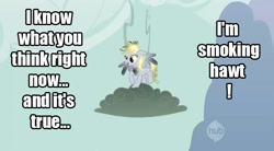 Size: 632x348 | Tagged: safe, derpy hooves, pegasus, pony, cloud, derp, female, funny, image macro, mare, smoke, smoking, smoking derpy, solo