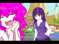 Size: 1520x1146 | Tagged: safe, artist:kaichou-kasai, derpibooru import, pinkie pie, twilight sparkle, anime, fake screencap, humanized, subtitles