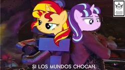 Size: 960x533 | Tagged: safe, starlight glimmer, sunset shimmer, equestria girls, mirror magic, spoiler:eqg specials, cavey the caveman, robot x-29488, spanish, spongebob squarepants, translated in the comments, ugh, when worlds collide