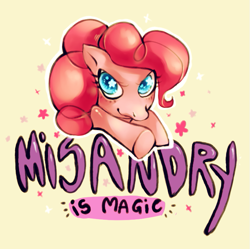 Size: 709x706 | Tagged: artist needed, safe, pinkie pie, earth pony, pony, dissonant caption, misandry, mouthpiece, solo, subversive kawaii, text, wat