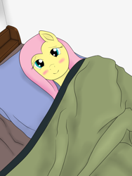 Size: 2400x3200 | Tagged: artist needed, safe, fluttershy, pegasus, pony, bed, blanket, blushing, looking at you, pixiv, solo