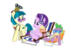 Size: 578x401 | Tagged: safe, artist:trini-mite, juniper montage, spike, starlight glimmer, earth pony, pony, unicorn, equestria girls, drink, equestria girls ponified, food, lounge chair, ponified, popcorn, simple background, sunglasses, transparent background, vector