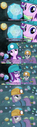 Size: 854x2880 | Tagged: safe, edit, screencap, maud pie, starlight glimmer, pony, rock solid friendship, cave, discovery family logo, gem, gem cave, helmet, mining helmet, reflection, screencap comic, smiling, when she smiles