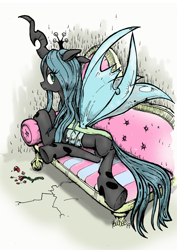 Size: 848x1200 | Tagged: safe, artist:yewdee, queen chrysalis, changeling, changeling queen, changelings in the comments, crack, draw me like one of your french girls, fainting couch, female, flower, lidded eyes, looking at you, looking back, looking back at you, rose, simple background, sofa, solo, traditional art