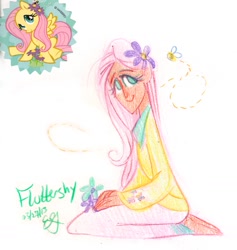 Size: 1280x1352 | Tagged: safe, artist:egriz, fluttershy, bee, breasts, bumblebee, clothes, delicious flat chest, flattershy, flower, humanized, skinny, skirt, solo, traditional art