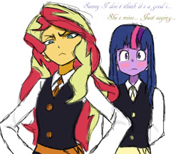 Size: 734x634 | Tagged: safe, artist:angeltorchic, sunset shimmer, twilight sparkle, twilight sparkle (alicorn), alicorn, equestria girls, akko kagari, anime style, canterlot academia, clothes, crossover, diana cavendish, female, lesbian, little witch academia, school uniform, shipping, sunsetsparkle, tsundere