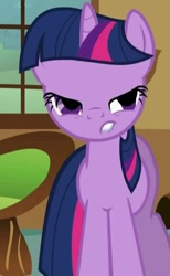 Size: 521x848 | Tagged: safe, derpibooru import, screencap, twilight sparkle, pony, unicorn, female, lidded eyes, lip bite, mare, reaction image, solo, window