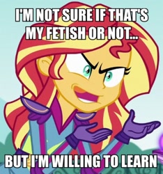 Size: 562x600 | Tagged: safe, edit, sunset shimmer, equestria girls, friendship games, exploitable meme, fetish, image macro, inverted mouth, meme, solo, subverted meme, sunset is not willing to learn, that is my fetish