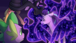 Size: 1920x1080 | Tagged: safe, artist:ebonytails, applejack, spike, starlight glimmer, tantabus, twilight sparkle, twilight sparkle (alicorn), alicorn, dragon, earth pony, pony, crying, dark magic, darkness, magic, nightmare