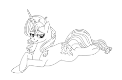 Size: 1024x672 | Tagged: safe, artist:catlover1672, sunset shimmer, pony, unicorn, bedroom eyes, lineart, monochrome, wip