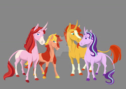 Size: 1280x905 | Tagged: safe, artist:amaya-chans2, starlight glimmer, sunburst, oc, oc:pinky rose, oc:red giant, pony, family, female, gray background, male, offspring, parent:starlight glimmer, parent:sunburst, parents:starburst, shipping, simple background, starburst, straight