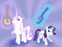 Size: 1024x768 | Tagged: safe, artist:phallen1, fleur-de-lis, rarity, pony, unicorn, banjo, duel, musical instrument