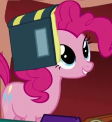 Size: 386x422 | Tagged: safe, screencap, pinkie pie, earth pony, pony, sonic rainboom (episode), book, book hat, cropped, cute, golden oaks library, grin, smiling, solo