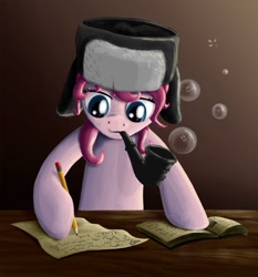 Size: 863x926 | Tagged: dead source, safe, artist:xioade, pinkie pie, earth pony, pony, bubble, bubble pipe, hat, hoofwriting, paper, pencil, pipe, solo, ushanka, writing