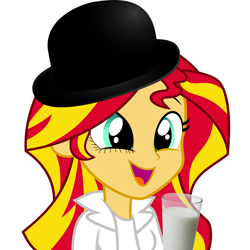 Size: 720x720 | Tagged: safe, sunset shimmer, equestria girls, a clockwork orange, alex delarge, bowler hat, eyelashes, food, fridge horror, glass of milk, hat, implied drug use, milk, milk plus, moloko, moloko plus, shimmersmile, solo, the implications are horrible