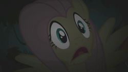 Size: 800x450 | Tagged: safe, screencap, fluttershy, pegasus, pony, female, mare, scared, solo