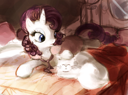 Size: 936x695 | Tagged: safe, artist:r0b0tassassin, opalescence, rarity, cat, pony, unicorn, bathrobe, bed, clothes, comfy, cute, head pat, pat, robe, window