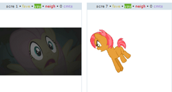 Size: 456x244 | Tagged: safe, babs seed, fluttershy, pegasus, pony, exploitable meme, juxtaposition, juxtaposition win, scared