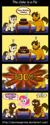 Size: 1024x2547 | Tagged: safe, artist:aleximusprime, pinkie pie, wild fire, oc, earth pony, pony, birthday, cake, candle, comic, explosion, happy birthday, hat, party hat, pie, pop out cake, question mark
