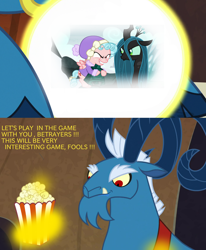 Size: 1400x1700 | Tagged: safe, edit, edited screencap, screencap, cozy glow, grogar, queen chrysalis, changeling, changeling queen, pegasus, pony, frenemies (episode), bell, crystal ball, female, filly, food, popcorn