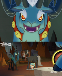 Size: 1400x1700 | Tagged: safe, edit, edited screencap, screencap, cozy glow, grogar, lord tirek, queen chrysalis, centaur, changeling, changeling queen, pegasus, pony, the beginning of the end, bow, cloven hooves, explosion, female, filly, hair bow, legion of doom, male, nose piercing, nose ring, piercing, ram