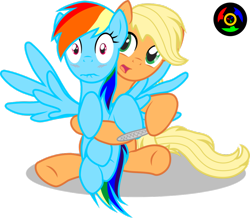 Size: 956x835 | Tagged: safe, artist:kyoshyu, derpibooru import, applejack, rainbow dash, earth pony, pegasus, pony, appledash, blushing, female, hooficure, lesbian, nail file, shipping, smiling, surprised, wingboner