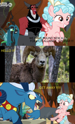 Size: 1400x2300 | Tagged: safe, edit, edited screencap, screencap, cozy glow, grogar, lord tirek, queen chrysalis, centaur, changeling, changeling queen, pegasus, pony, frenemies (episode), the beginning of the end, cozybuse, female, filly, irl, photo, ram