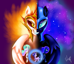 Size: 3500x3000 | Tagged: safe, artist:vanezaescobedo, daybreaker, nightmare moon, princess celestia, princess luna, starlight glimmer, alicorn, pony, unicorn, a royal problem, badass, duality, magic, royal sisters, sphere, split screen