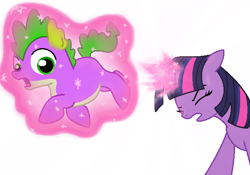 Size: 586x411 | Tagged: safe, artist:psychoteensie, derpibooru import, spike, twilight sparkle, dragon, magic, ponified