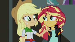 Size: 1280x720 | Tagged: safe, screencap, applejack, sunset shimmer, equestria girls, friendship games, belt, clothes, comforting, cowboy hat, denim skirt, duo, female, freckles, hat, jacket, leather jacket, looking at each other, shirt, skirt, smiling, stetson