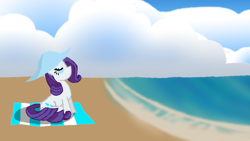 Size: 718x405 | Tagged: safe, artist:xain-russell, rarity, pony, unicorn, beach, female, mare, purple mane, solo, white coat