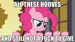 Size: 681x384 | Tagged: safe, edit, edited screencap, screencap, pinkie pie, earth pony, pony, a friend in deed, image macro, no fucks, reaction image, sleipnir, solo, vulgar